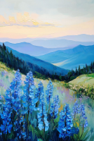 Пейзаж с голубыми цветами 50*70см с дорисовкой - Арт-Декор. Продажа художественных изделий оптом и розницу