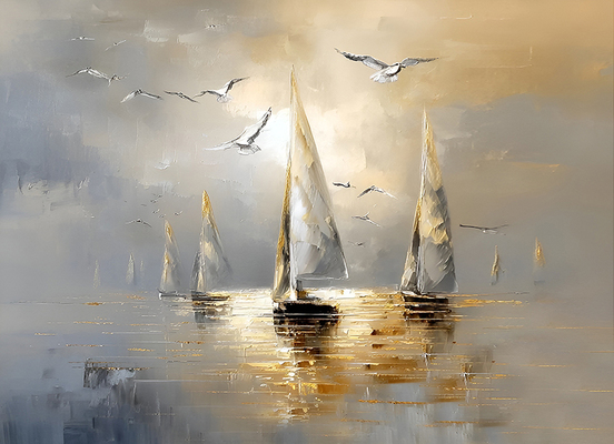 Яхты и чайки 60*90 см с дорисовкой и поталью - Арт-Декор. Продажа художественных изделий оптом и розницу